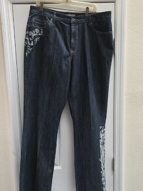 Chico's Indigo Straight Leg Jeans with Silver Floral Embellishments